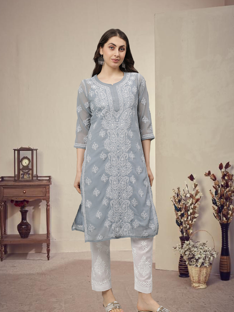 Seva Chikan Hand Embroidered Georgette Lucknowi Chikankari Kurta With Slip