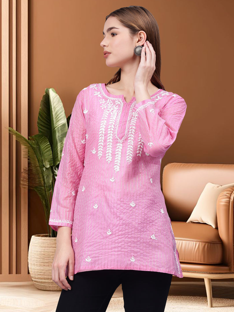 Seva Chikan Hand Embroidered Chanderi Lucknowi Chikan Top With Slip