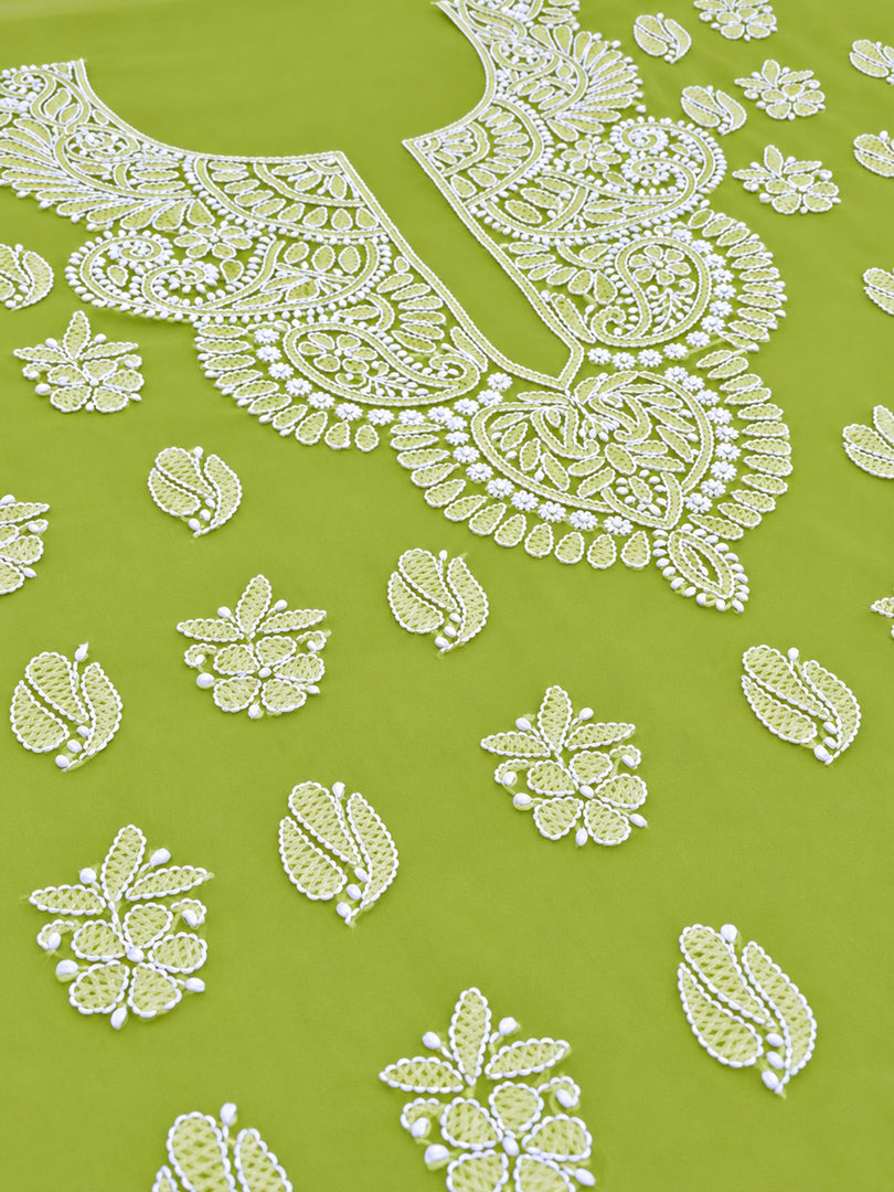 Seva Chikan Hand Embroidered Green Georgette Lucknowi Chikankari Unstitched Suit Piece-SEV15044