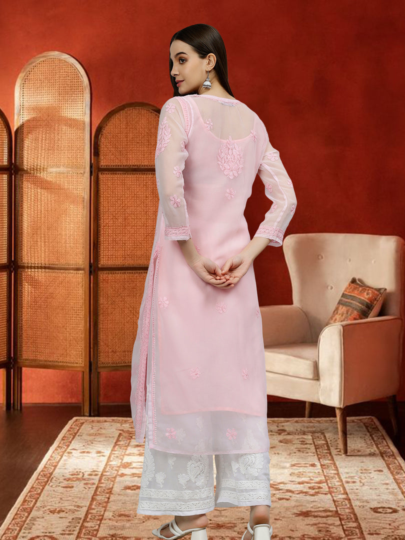 Seva Chikan Hand Embroidered Georgette Chikankari Kurta With Matching Slip