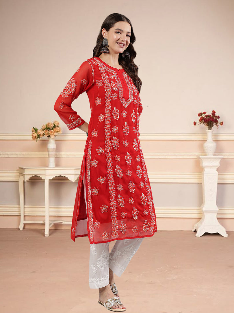 Seva Chikan Hand Embroidered Georgette Lucknowi Chikankari Kurta With Slip