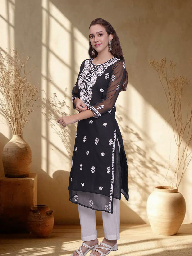Seva Chikan Hand Embroidered Georgette Lucknowi Chikankari Kurta With Slip
