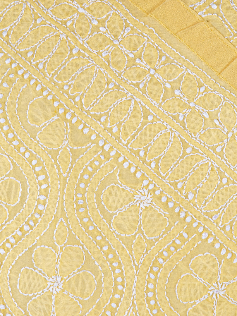 Seva Chikan Hand Embroidered Yellow Cotton Lucknowi Chikan Kurti SCL1224