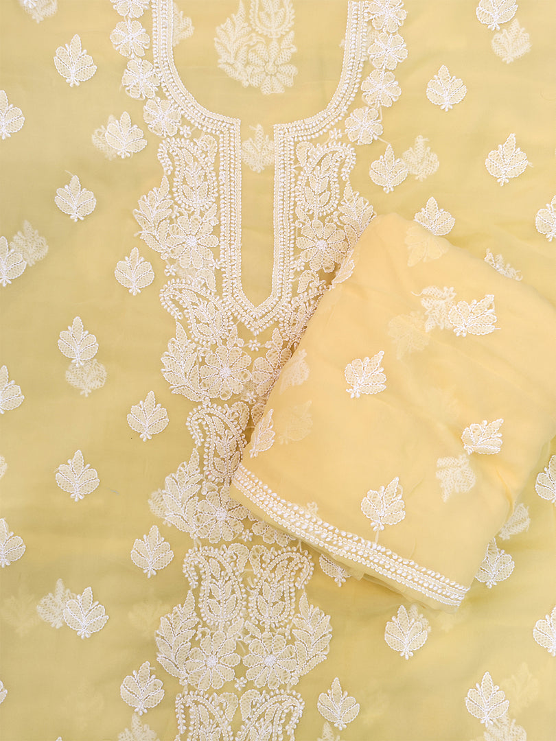 Seva Chikan Hand Embroidered Yellow Georgette Lucknowi Chikankari Unstitched Suit Piece-SCL13129