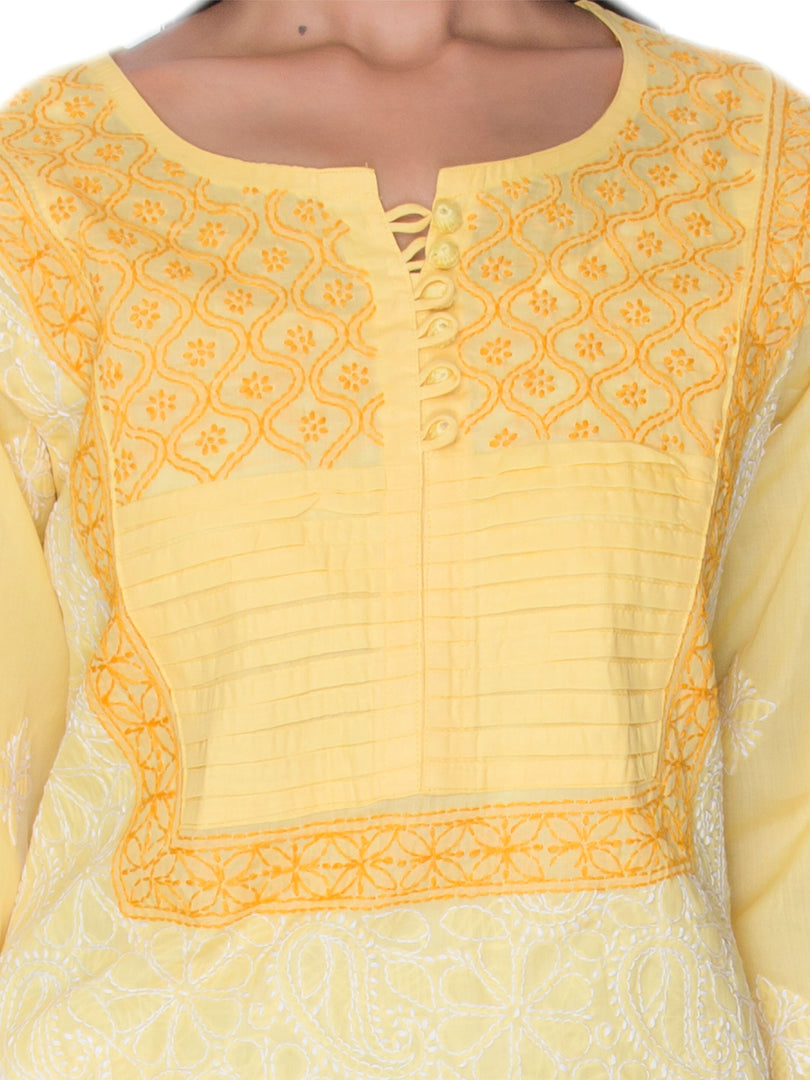 Seva Chikan Hand Embroidered Yellow Cotton Lucknowi Chikan Kurta-SCL0931