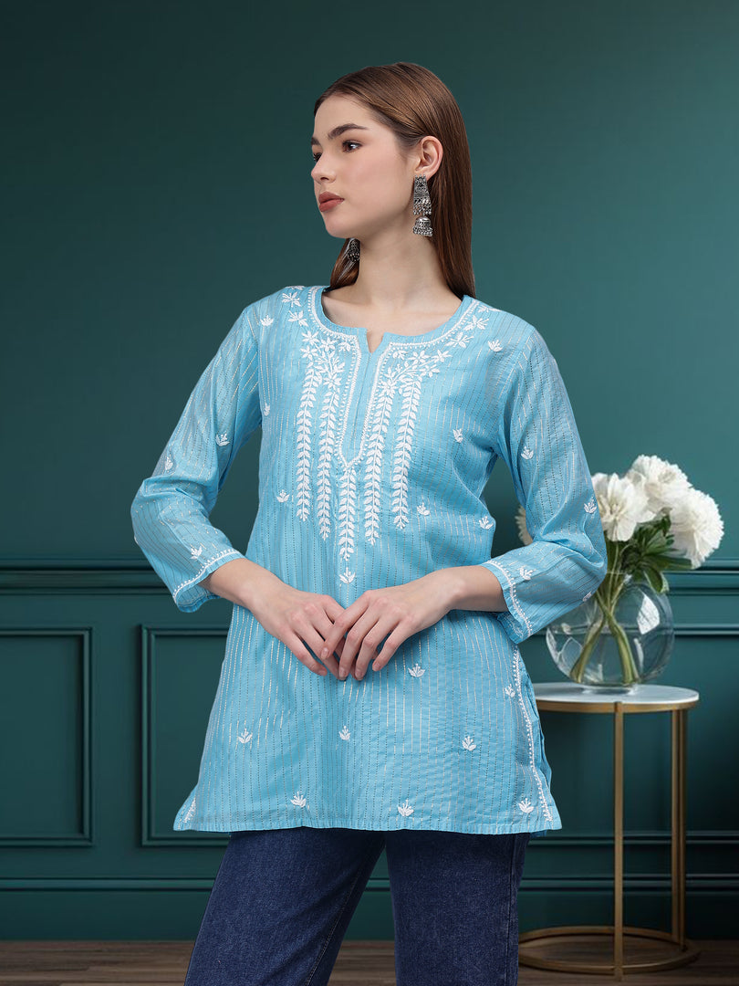 Seva Chikan Hand Embroidered Chanderi Lucknowi Chikan Top With Slip