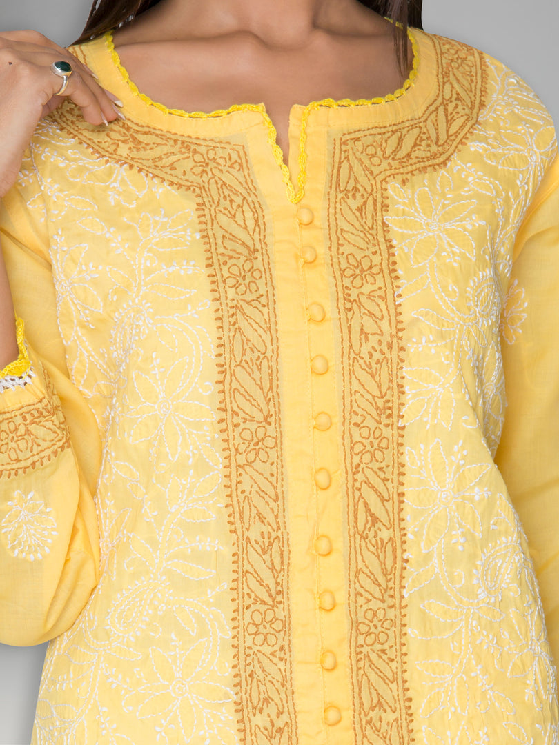Seva Chikan Hand Embroidered Yellow Cotton Lucknowi Chikankari Kurta-SCL0912