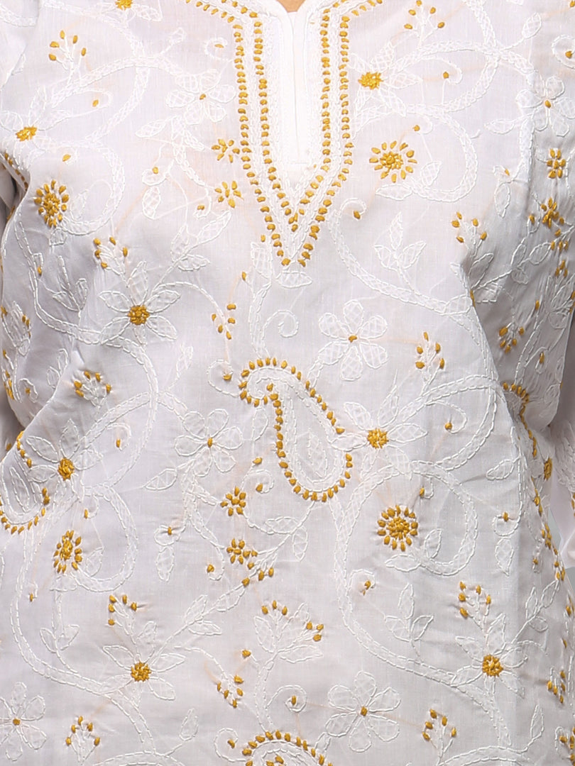 Seva Chikan Hand Embroidered Cream Cotton Lucknowi Chikan Kurta-SCL0667