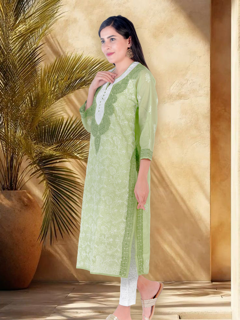 Seva Chikan Hand Embroidered Green Cotton Lucknowi Chikan Kurti SCL1231