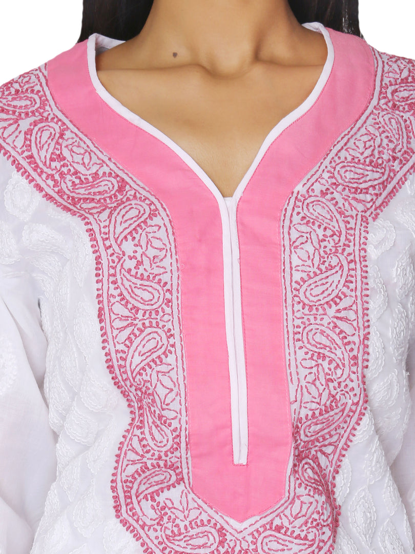 Seva Chikan Hand Embroidered White Cotton Lucknowi Chikan Kurta-SCL0917