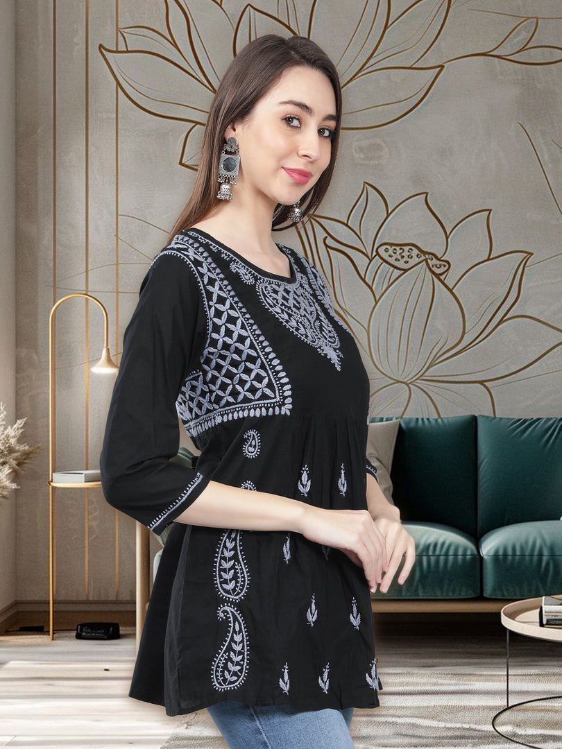 Seva Chikan Hand Embroidered  Black Cotton Lucknowi Chikankari Top