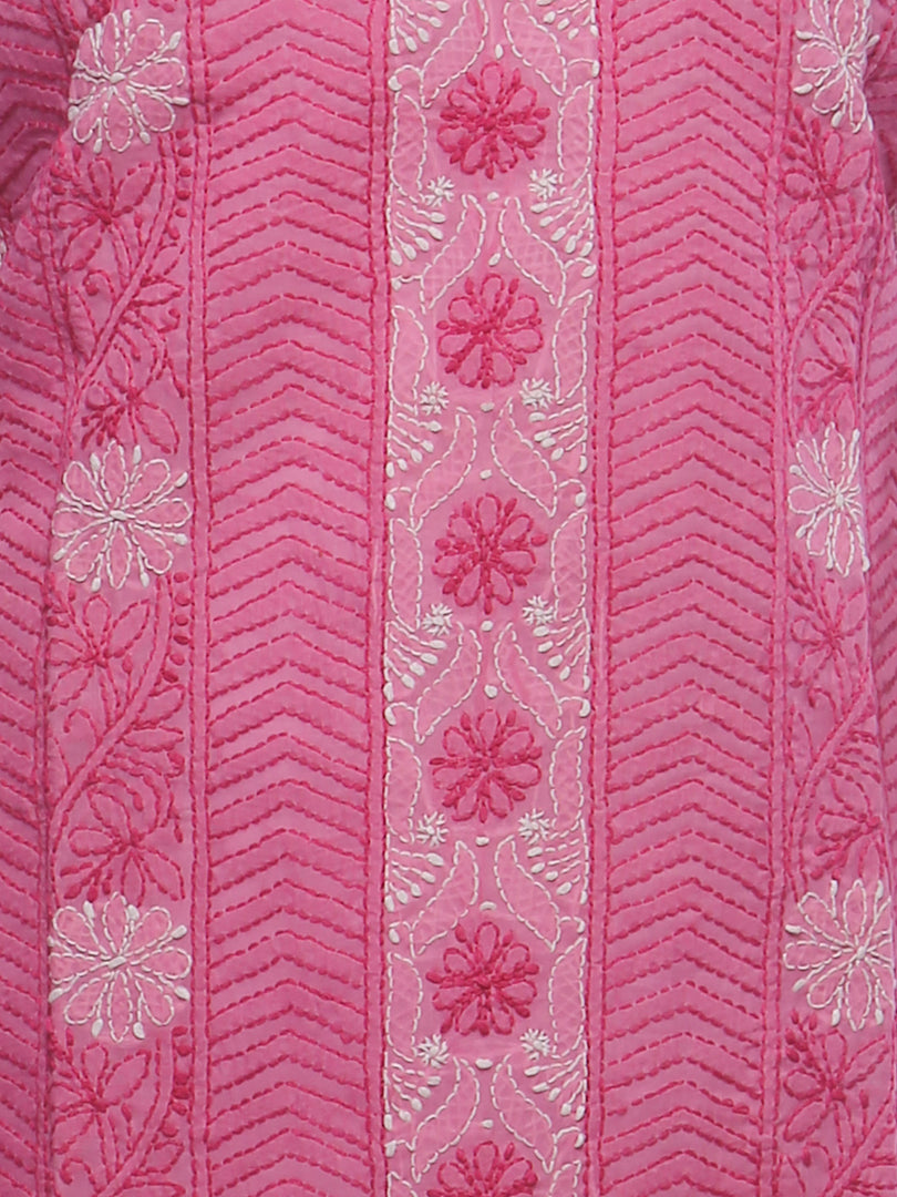 Seva Chikan Hand Embroidered Dark Pink Cotton Lucknowi Chikan Kurti-SCL0228
