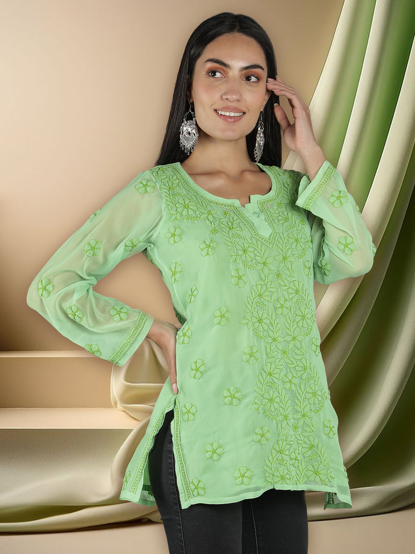 Seva Chikan Hand Embroidered  Georgette Lucknowi Chikan Top With Slip