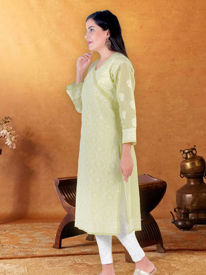 Seva Chikan Hand Embroidered Light Green Cotton Lucknowi Chikan Kurti SCL1222