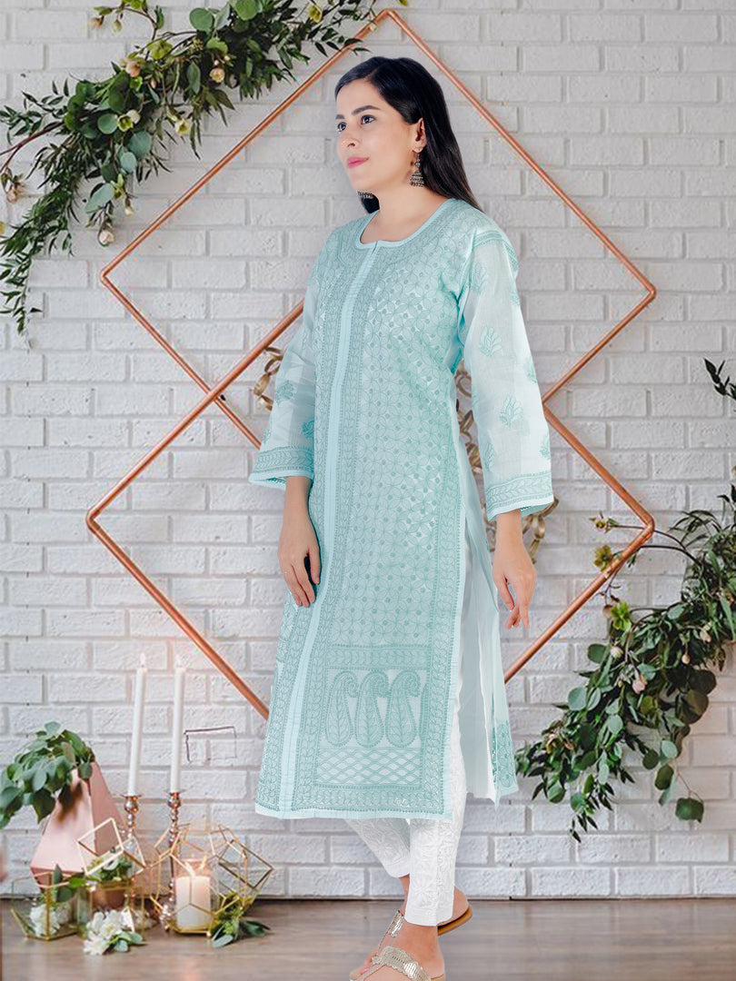 Seva Chikan Hand Embroidered Turquoise Cotton Luckowi Chikan Kurti SCL1213