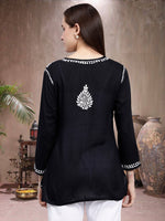 Load image into Gallery viewer, Seva Chikan Hand Embroidered Black Modal Lucknowi Chikankari Top SCL9108