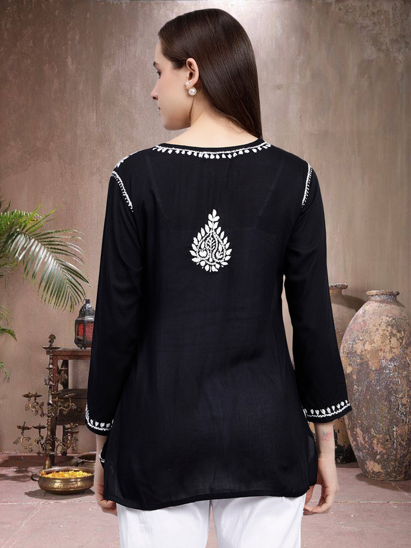 Seva Chikan Hand Embroidered Black Modal Lucknowi Chikankari Top SCL9108