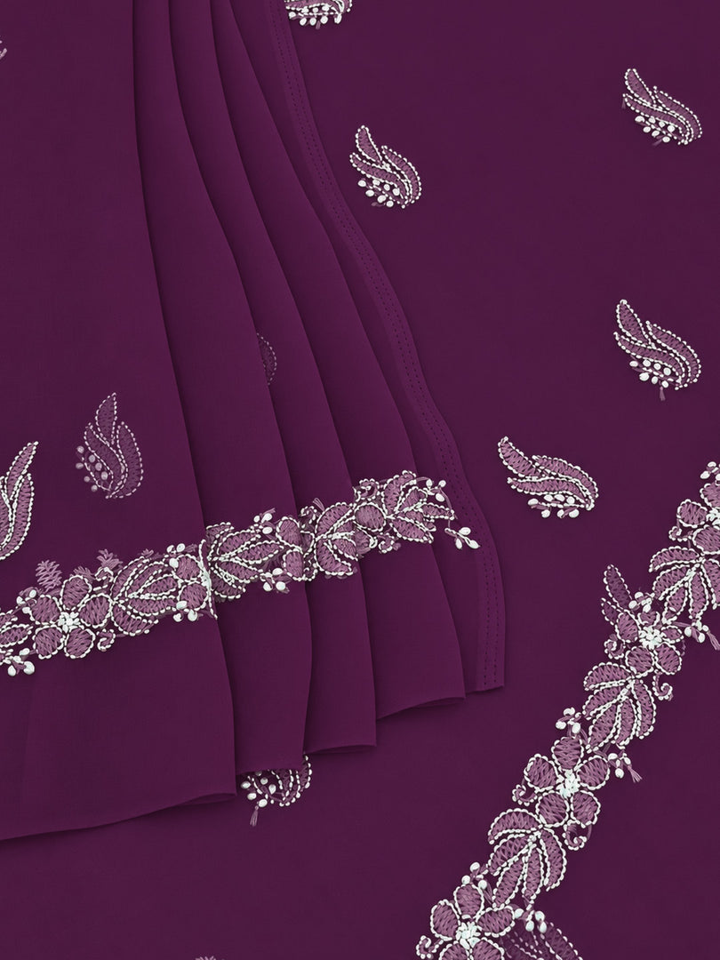 Seva Chikan Hand Embroidered Wine Georgette Lucknowi Chikankari Unstitched Suit Piece-SEV15058