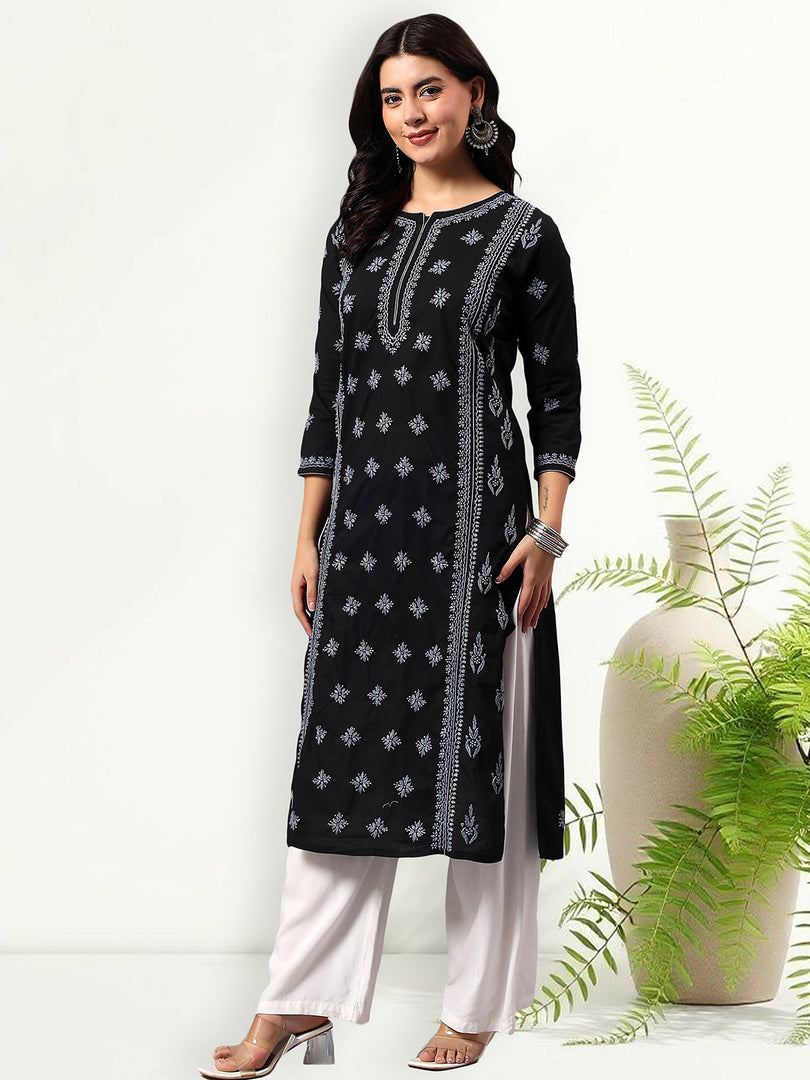 Seva Chikan Hand Embroidered Lucknowi Chikankari Black & Grey Cotton Kurta SCL4769