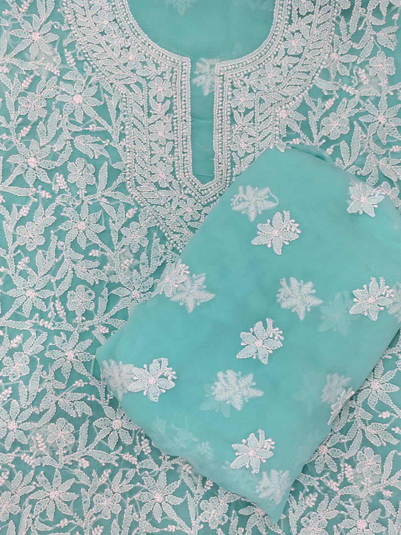 Seva Chikan Hand Embroidered Sea Green Georgette Lucknowi Chikankari Unstitched Suit Piece-SCL13134