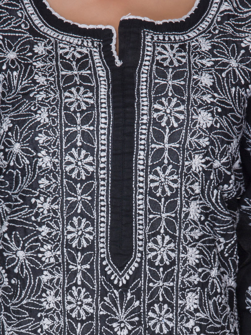 Seva Chikan Hand Embroidered Black Cotton Lucknowi SCL0973