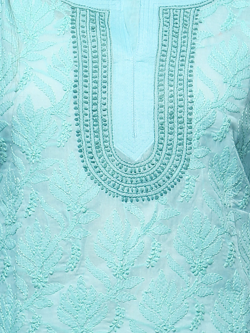 Seva Chikan Hand Embroidered Blue Cotton Lucknowi Chikan Kurta-SCL0662