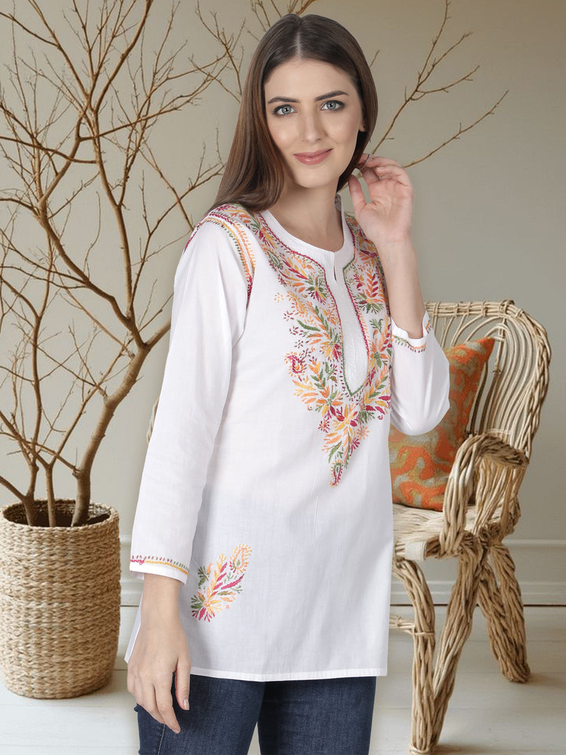 Seva Chikan Hand Embroidered Cotton Lucknowi Chikan Short Top
