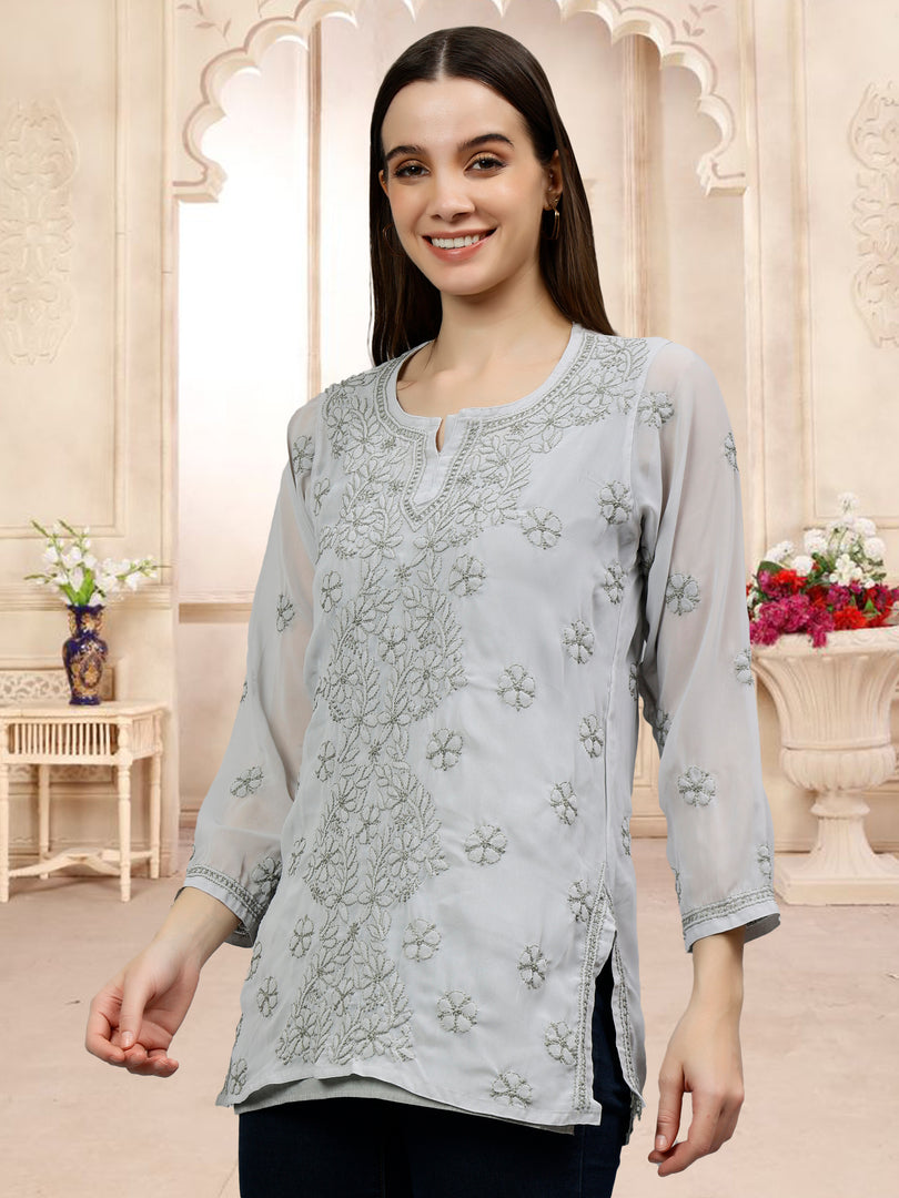 Seva Chikan Hand Embroidered  Georgette Lucknowi Chikan Top With Slip