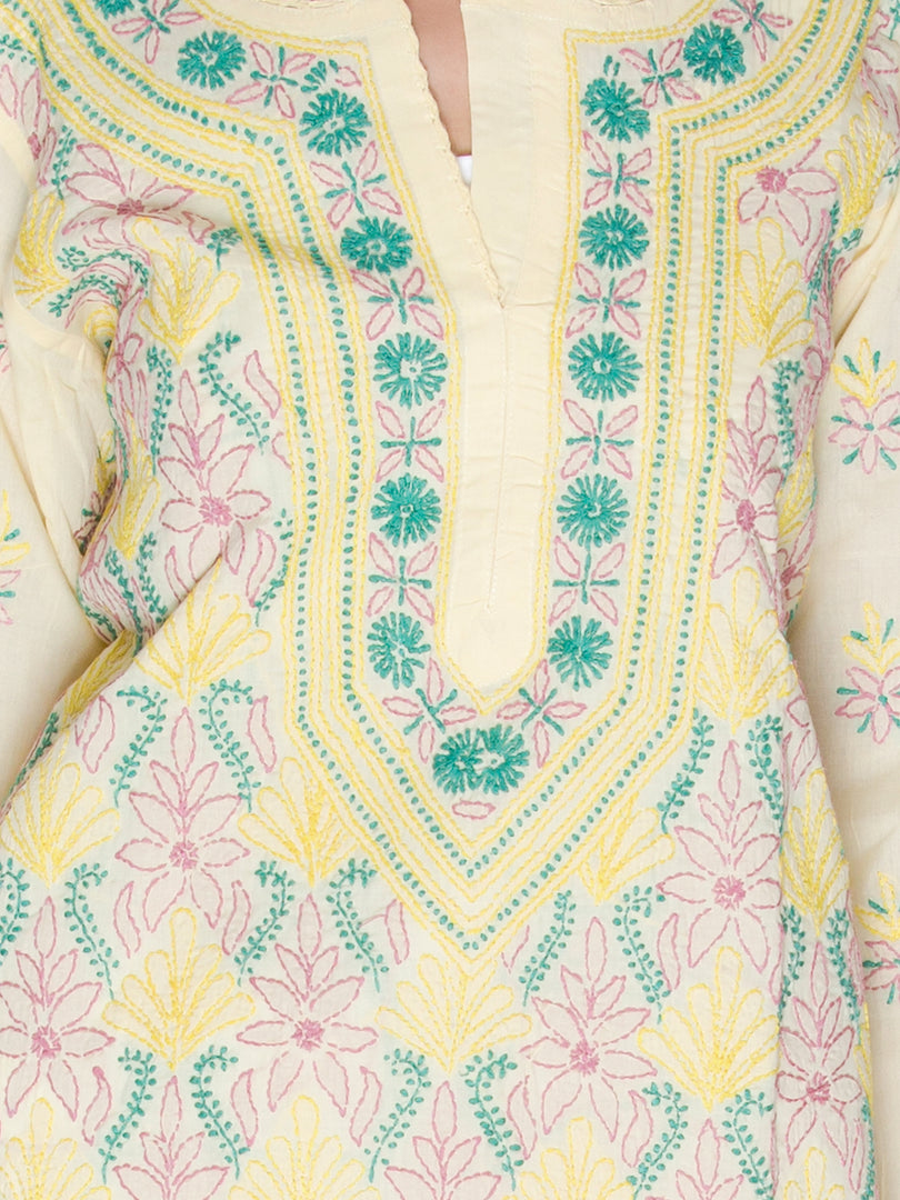 Seva Chikan Hand Embroidered Yellow Cotton Lucknowi Chikan Kurti SCL1006
