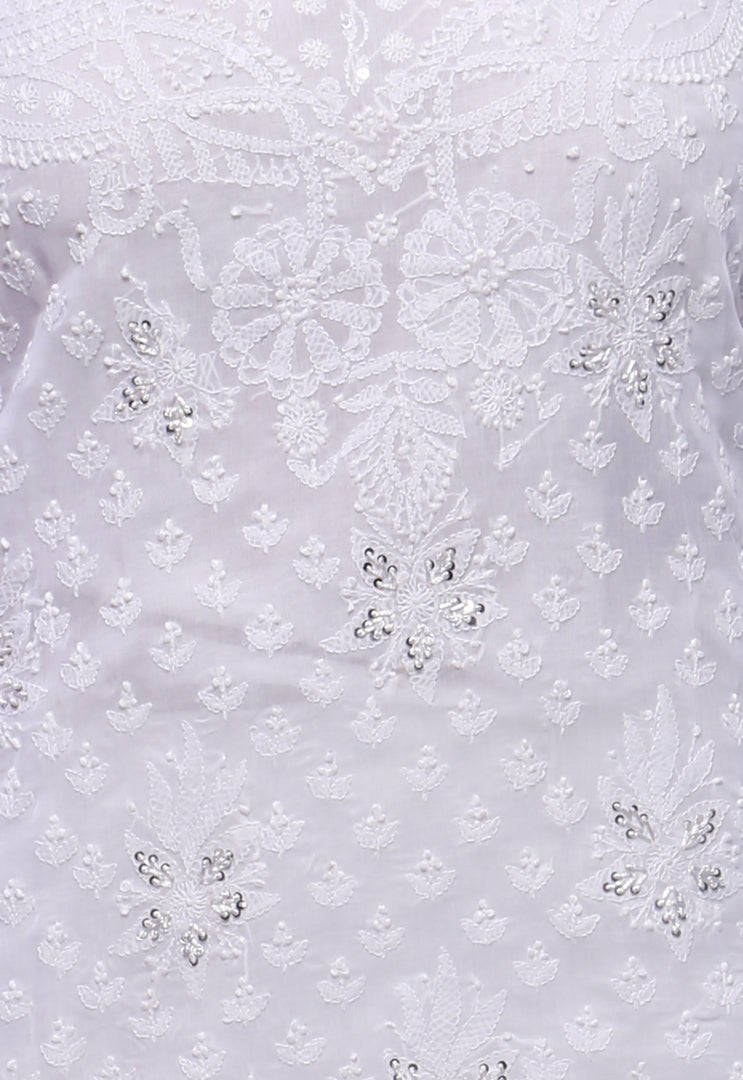 Seva Chikan Hand Embroidered White Cotton Lucknowi Chikankari Short Top With Sequins Work-SCL0191