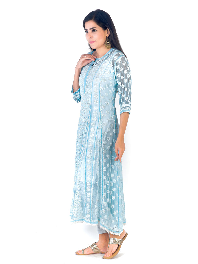 Seva Chikan Hand Embroidered Sky Blue Georgette Lucknowi Chikankari Anarkali-SCL1327