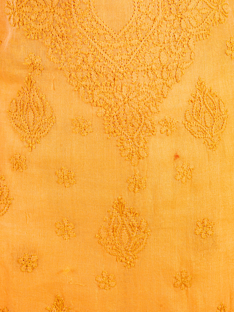 Seva Chikan Hand Embroidered Mustard Chanderi Lucknowi Chikankari Unstitched Kurti Piece SCL1108