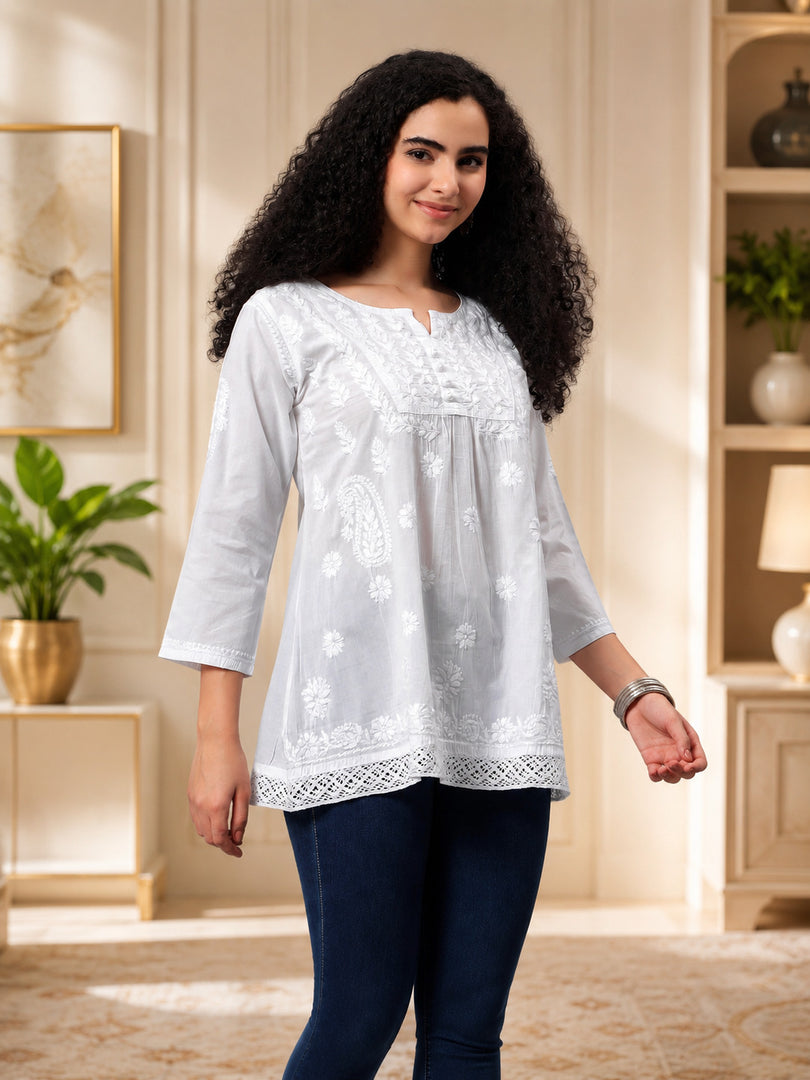 Seva Chikan Hand Embroidered White Cotton Lucknowi Chikankari Top SEV2000