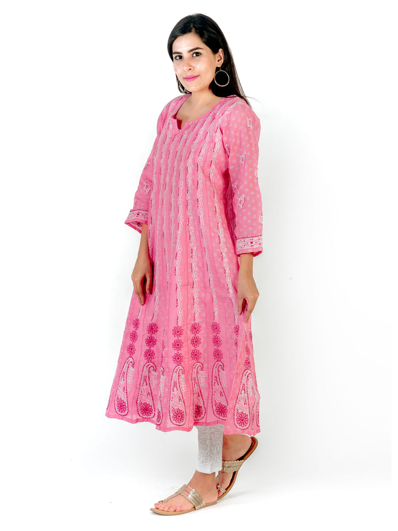 Seva Chikan Hand Embroidered Pink Cotton Lucknowi Chikankari Anarkali-SCL1239