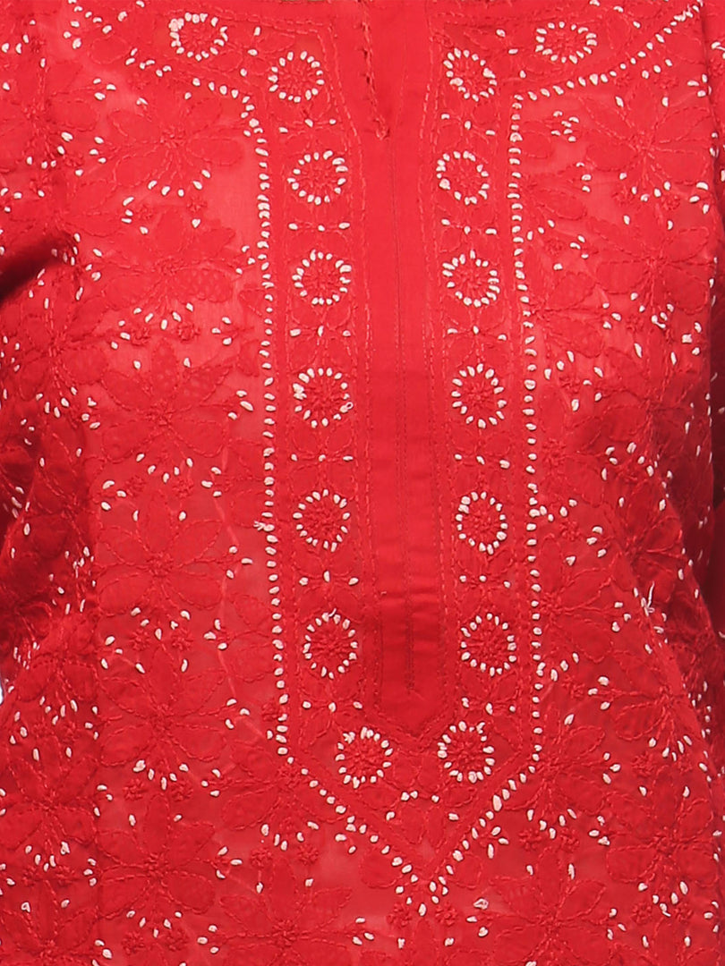 Seva Chikan Hand Embroidered Red Cotton Lucknowi Chikan Kurta-SCL0635