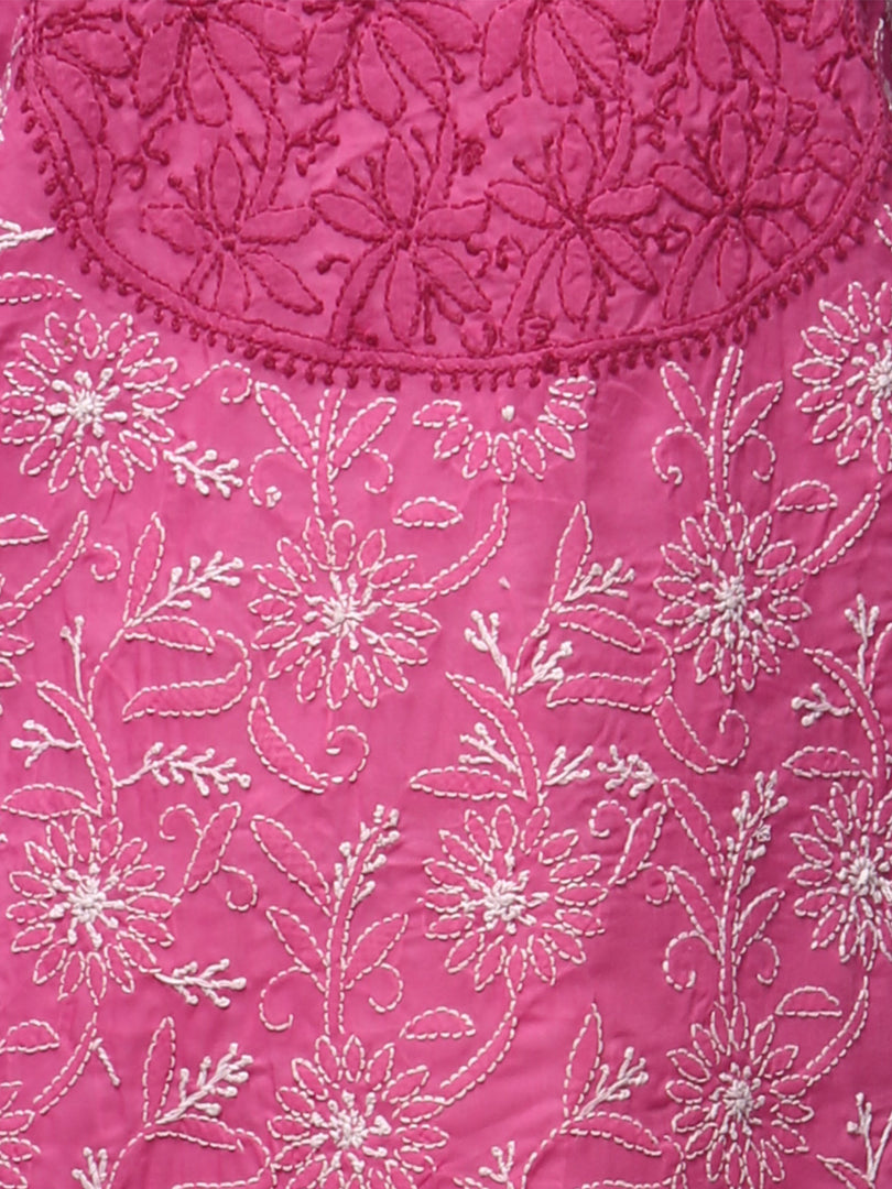Seva Chikan Hand Embroidered Dark Pink Cotton Lucknowi Chikan Kurti-SCL0261