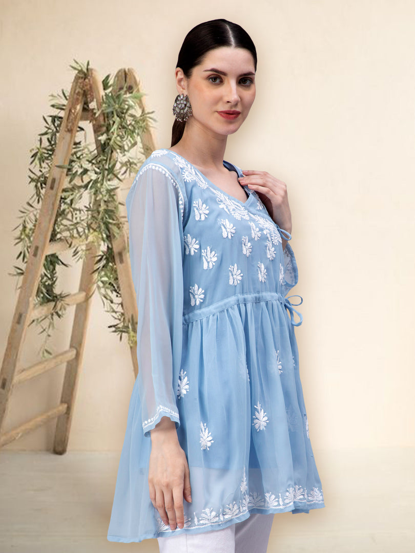 Seva Chikan Hand Embroidered Georgette Lucknowi Chikankari Top With Slip
