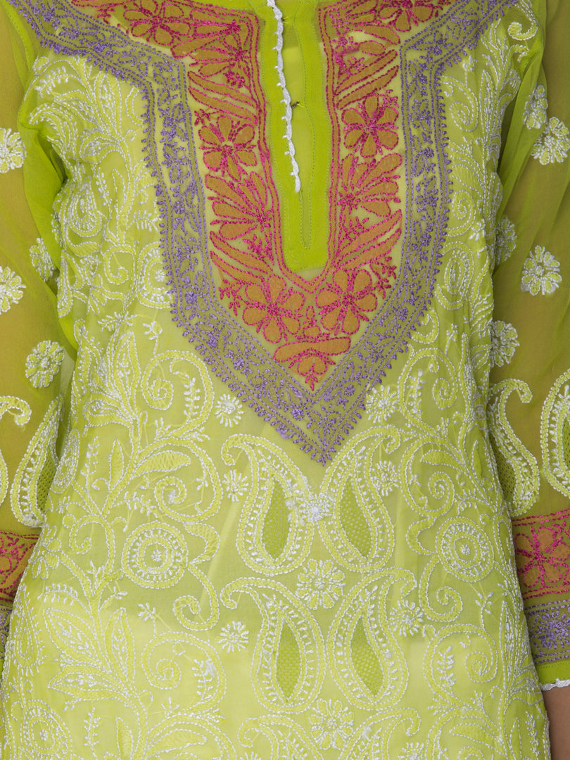 Seva Chikan Hand Embroidered Light Green Georgette Lucknowi Chikan Kurti SCL1045