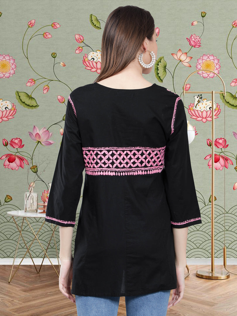 Seva Chikan Hand Embroidered  Black Cotton Lucknowi Chikankari Top