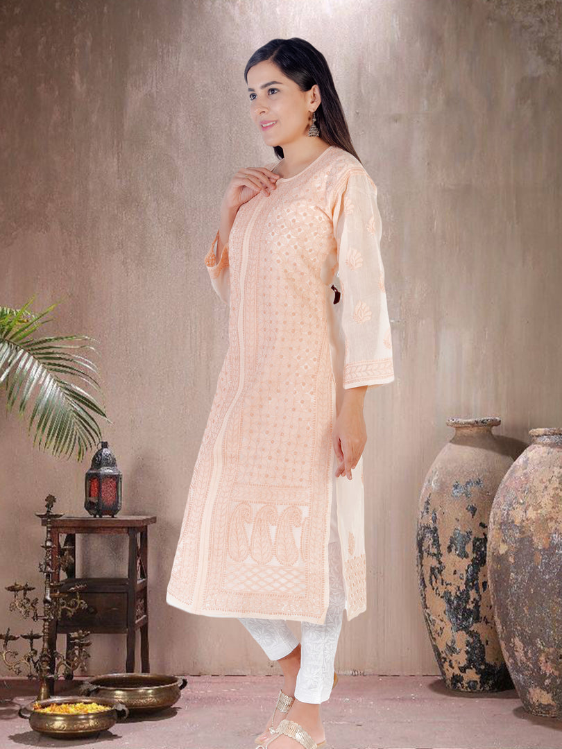 Seva Chikan Hand Embroidered Peach Cotton Lucknowi Chikan Kurti SCL1211