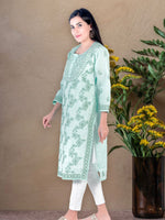 Load image into Gallery viewer, Seva Chikan Hand Embroidered Turquoise Cotton Lucknowi Chikan Kurti SCL1226
