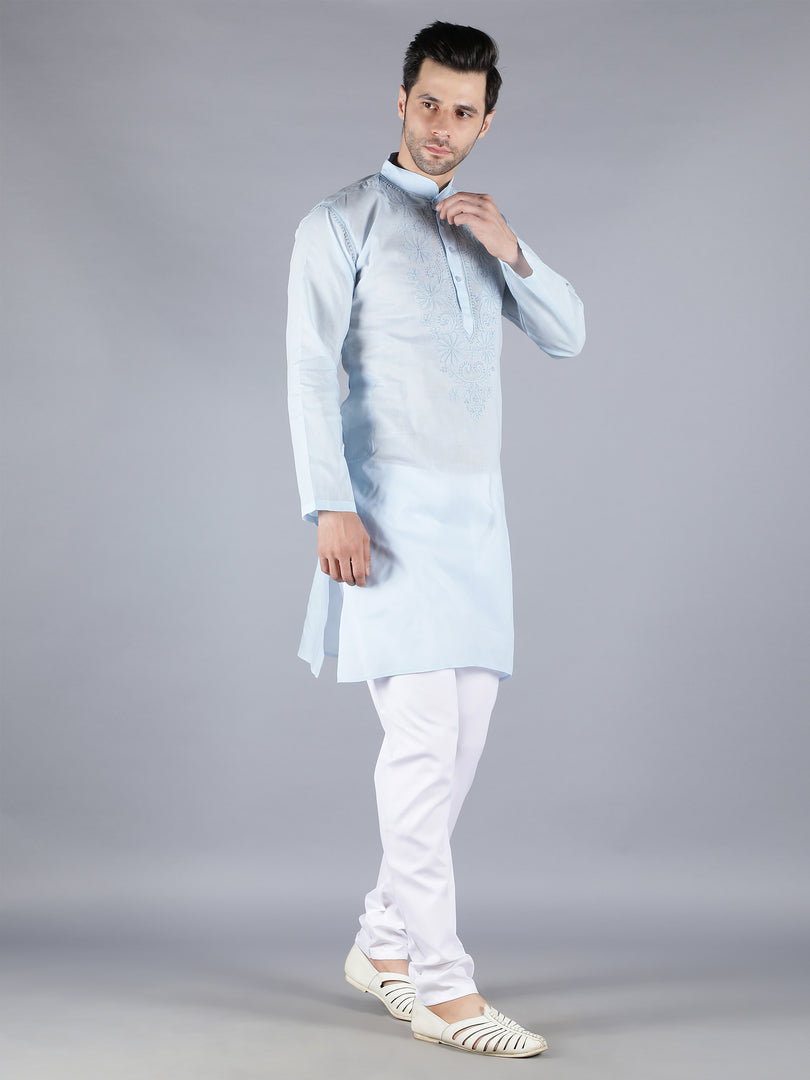 Seva Chikan Hand Embroidered  Cotton Lucknowi Chikan Mens Stitched Kurta