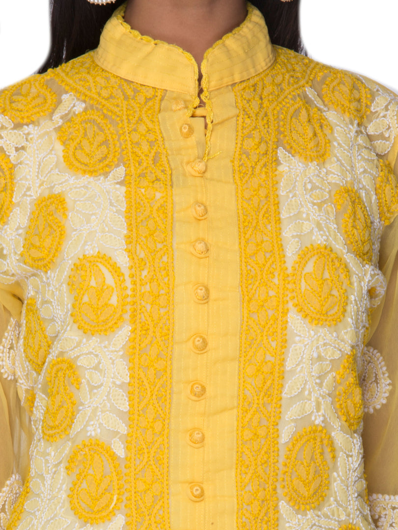 Seva Chikan Hand Embroidered Yellow Faux Georgette Lucknowi Chikan Front Open Kurta-SCL0892