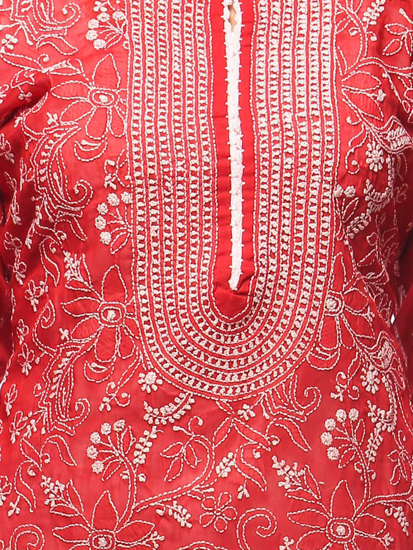 Seva Chikan Hand Embroidered Red Cotton Lucknowi Chikan Kurta-SCL0663