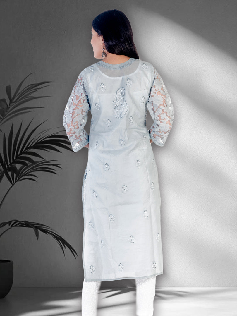 Seva Chikan Hand Embroidered Grey Cotton Lucknowi Chikan Kurti SCL1207