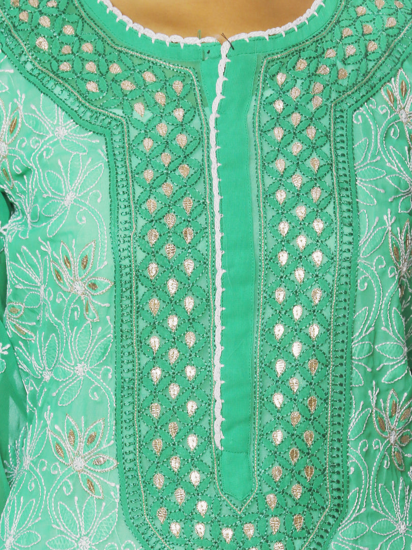 Seva Chikan Hand Embroidered Green Cotton Lucknowi Chikan Kurti SCL1066