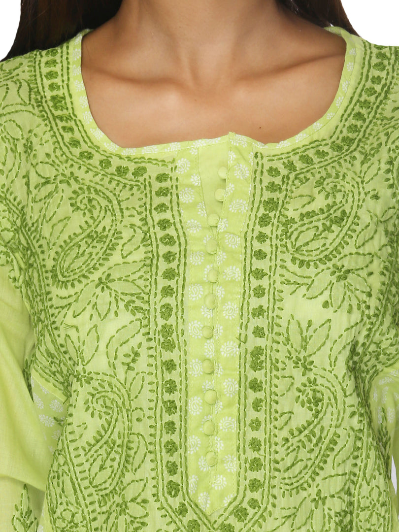 Seva Chikan Hand Embroidered Green Cotton Lucknowi Chikan Kurta-SCL0920
