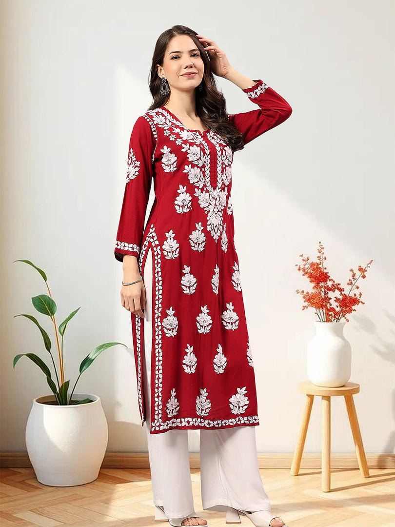 Seva Chikan Hand Embroidered Rayon Lucknowi Chikankari Kurta