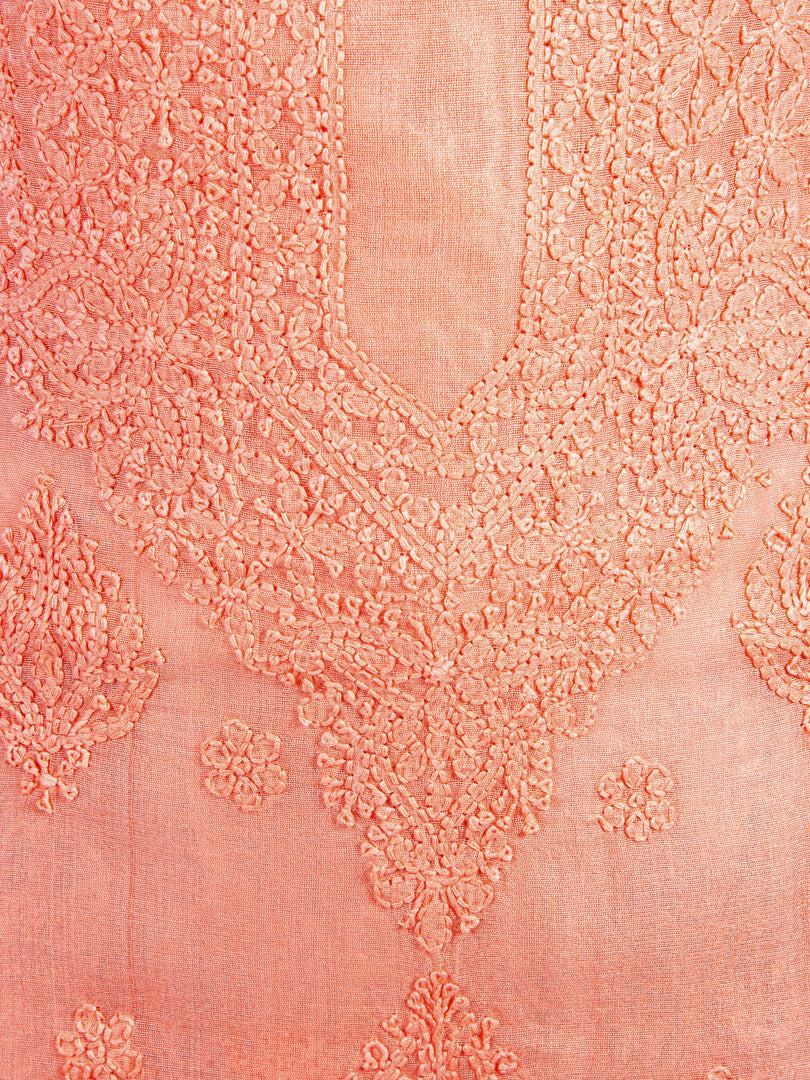 Seva Chikan Hand Embroidered Peach Chanderi Lucknowi Chikankari Unstitched Kurti Piece SCL1112