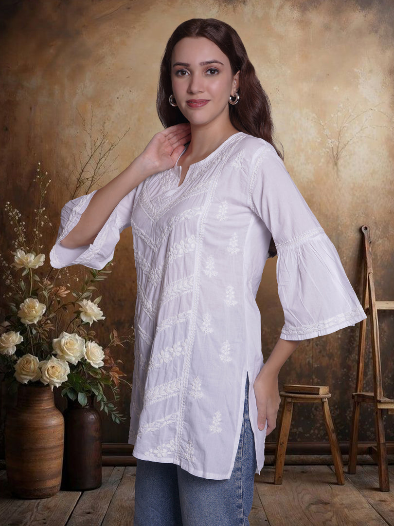 Seva Chikan Hand Embroidered White Cotton Lucknowi Chikan Top-SCL9235